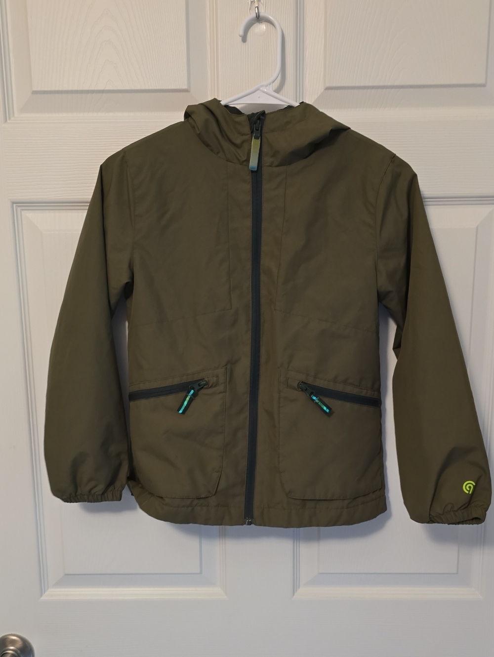 Champion Kids Olive Green Hooded Raincoat with Teal Zipper Pulls Sz S 6-7